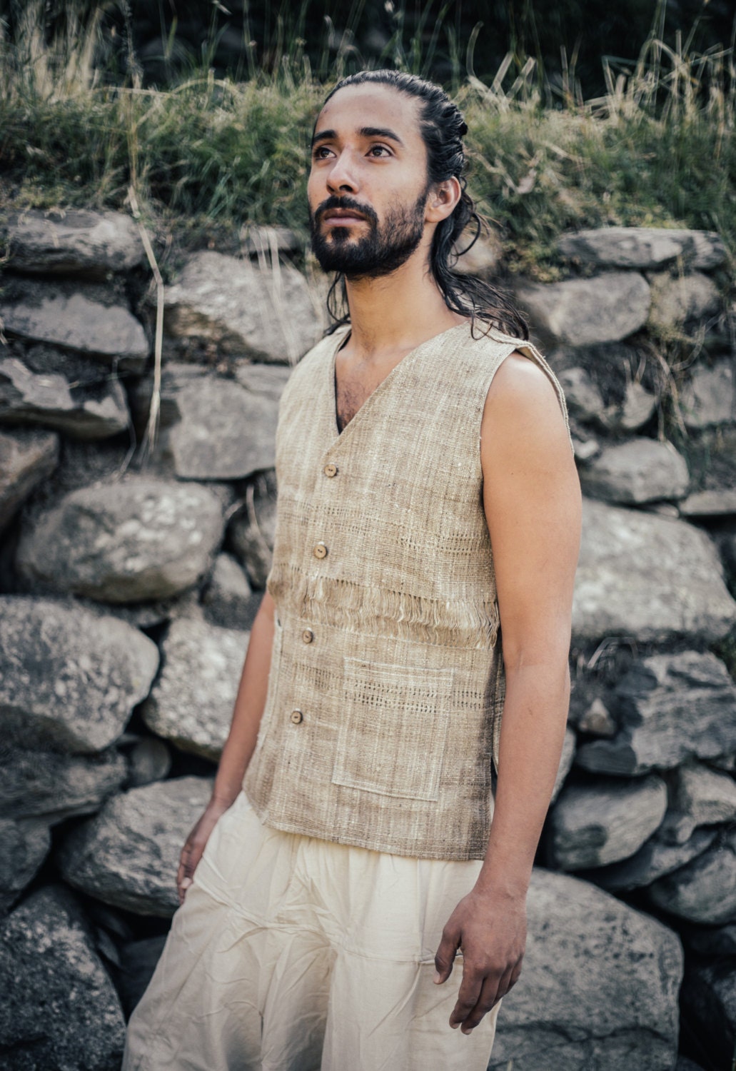 Men's Vest Handwoven Nettle Fabric by PrimitiveTribalCraft