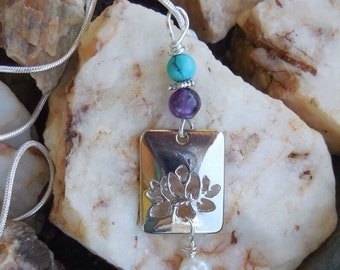 Lotus Necklace, Turquoise, Amethyst, Freshwater Pearl, Lotus Charm, Yoga Jewelry
