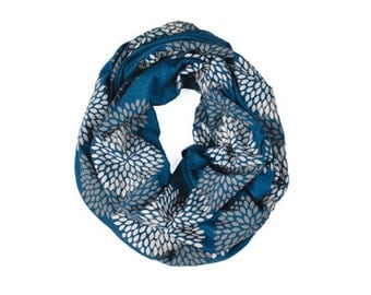 INFINITY SCARF - Screen Printed - Gray Flowers on Midnight