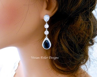 WEDDING Earrings SAPPHIRE BLUE Bridal Earrings Long Lux Tear Drop Wedding Jewelry Cubic Zirconia Prom Pageant Jewelry Bridal Glamorous Bling