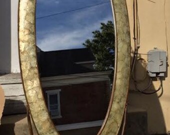 RARE Vintage Brass Capiz Shell Hollywood Regency Cheval Dressing Mirror French