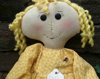 Primitive Doll, Little Sunshine, Handmade, Prim, Recycled Tag, OOAK , Shelf Sitter, Sweet, Adorable, OFG