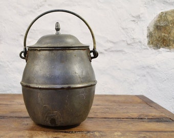 French canister Pot Pail Rustic Country decor metal shabby round gray silver