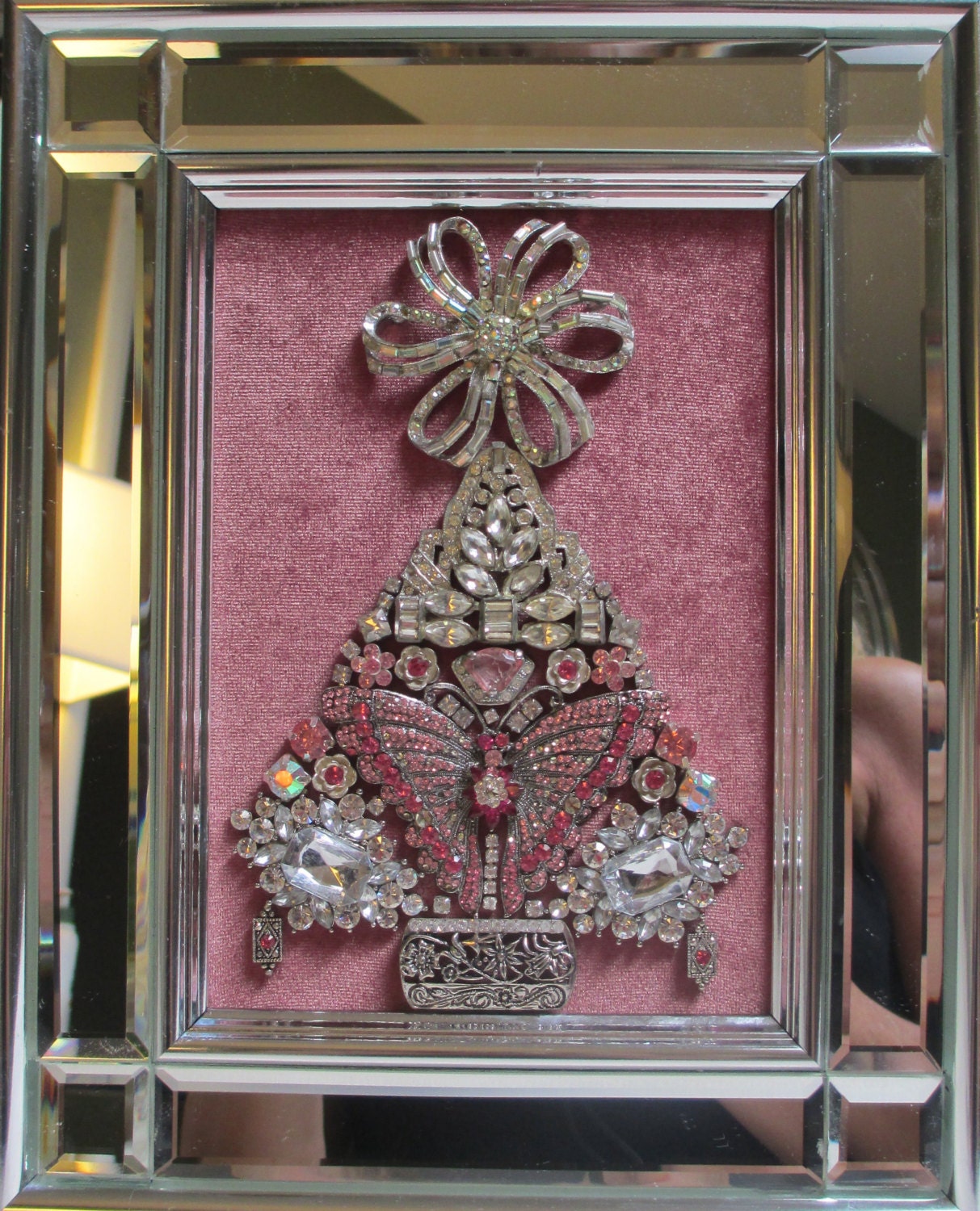 Jeweled Framed Jewelry Christmas Tree Pink Vintage Art Deco