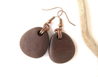 Jewelry Beach Stone Earrings Mediterranean Beach Pebble Natural Rock River Stone Earrings Rustic Jewelry Beach Pebble Copper BROWN DROPS