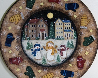 Winter Folk Art Painting Primitive Wood Plate by RavensBendFolkArt