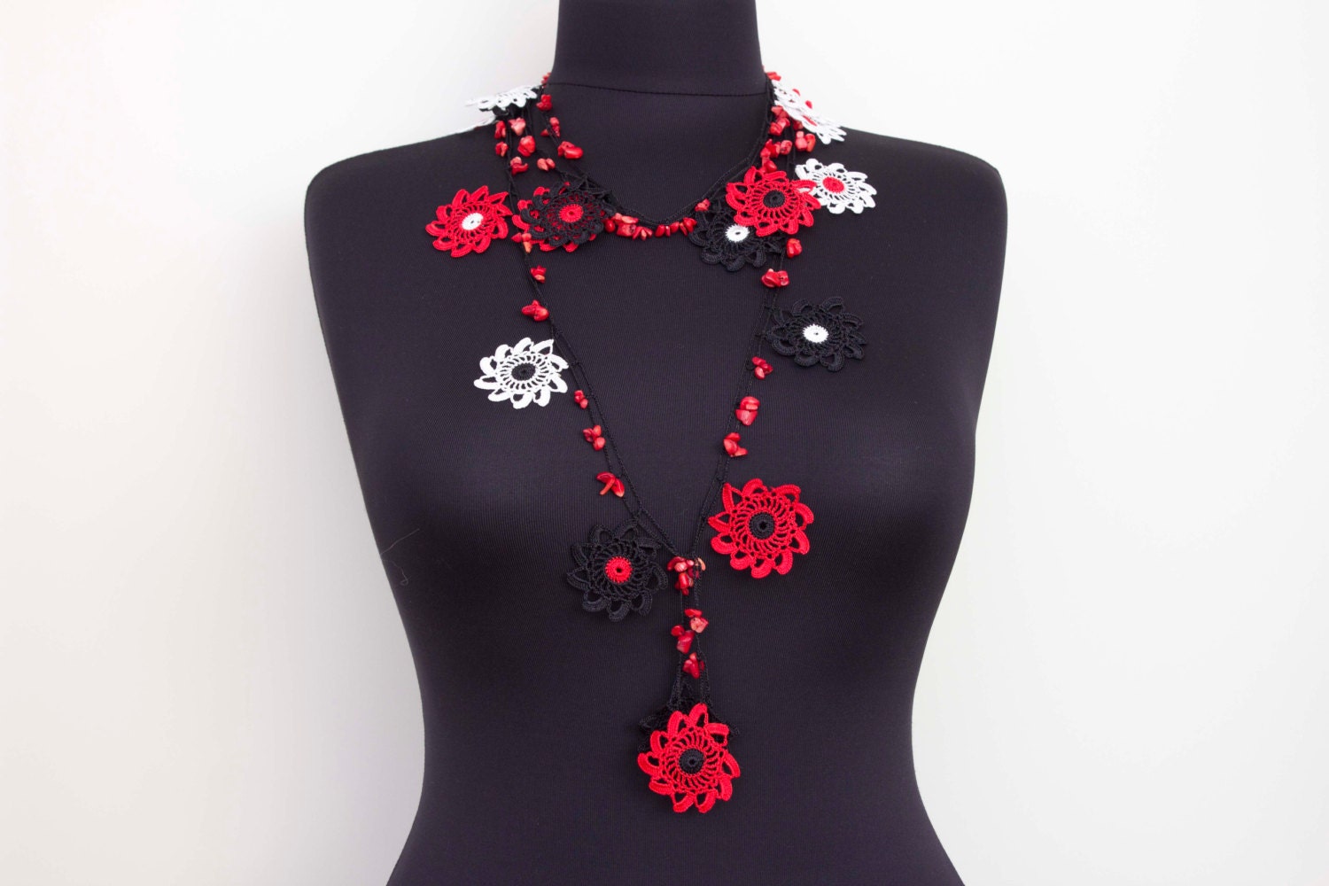 Strand necklace Crochet bead work lariat crochet necklace