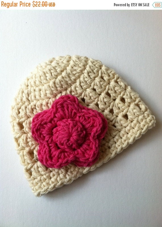 Crochet Baby Hat with Flower Cream Baby Hat by LakeviewCottageKids