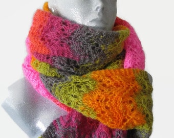 Multicolor lace scarf bright color scarf hipster scarf pink scarf orange scarf green purple scarf lace scarf hand knit cozy scarf