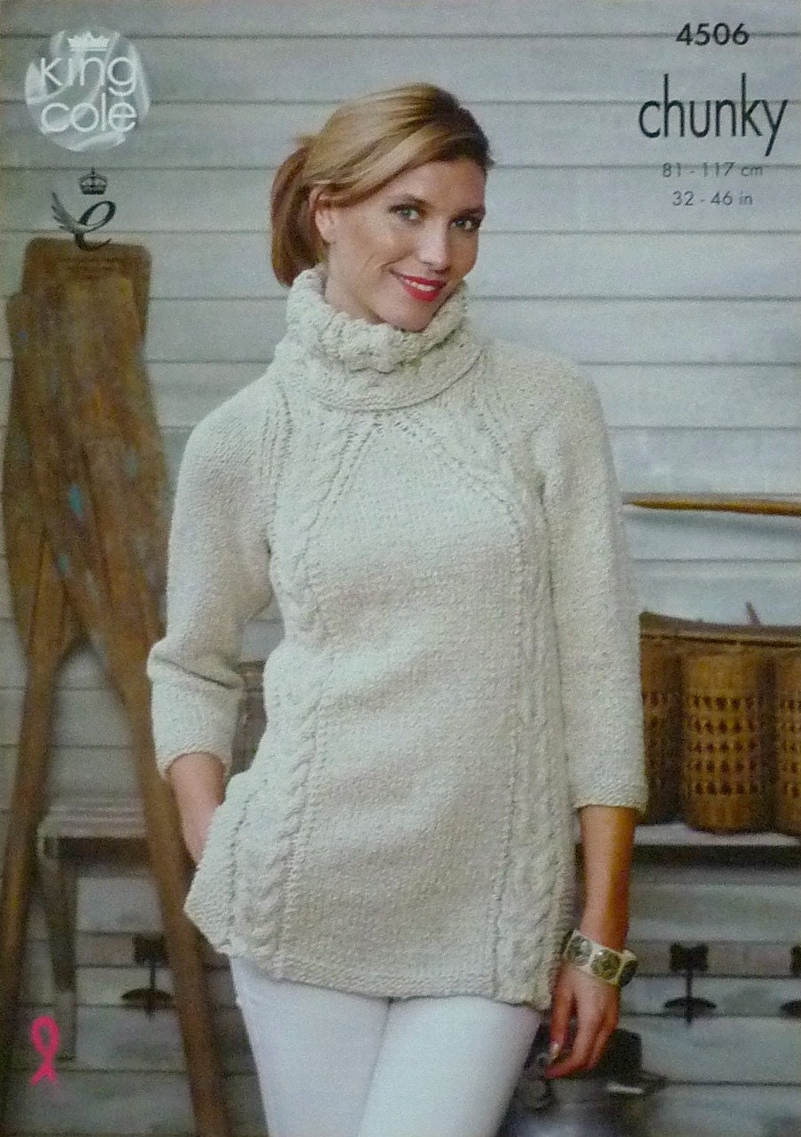 Womens Knitting Pattern K4506 Ladies 3/4 Sleeve Deep Cowl Neck Long Cable Tun...