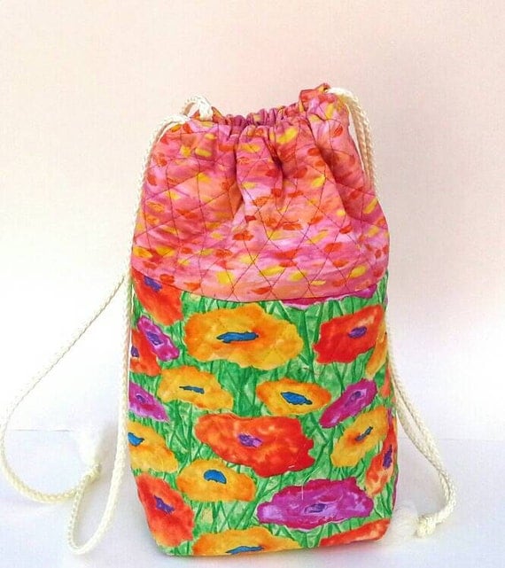 Quilted Knitting Bag Bright Flowers Tote Drawstring Fabric