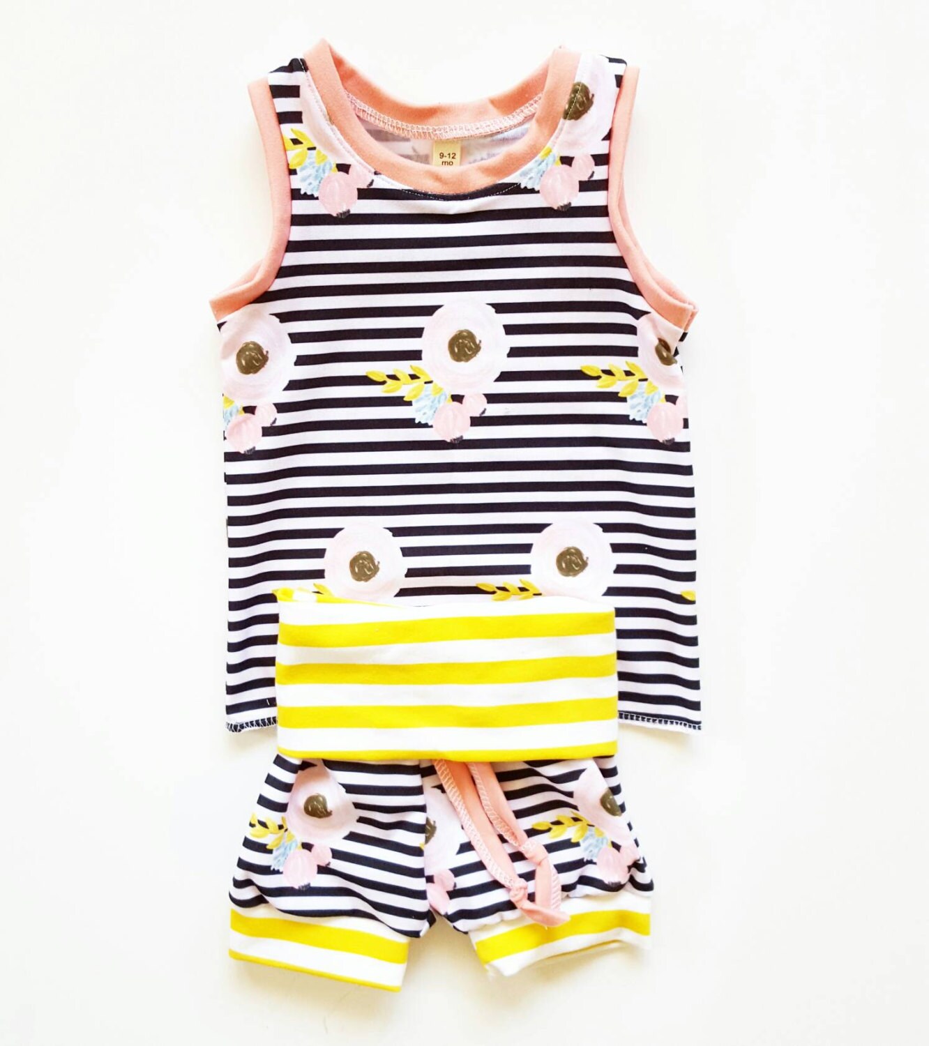 Baby girls tank and yoga shorts set. Black stripe with by BabyNell