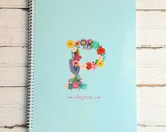 Floral Monogram Personalized Notebook - Custom Spiral Notebook with Name - Softcover Note Book - Back to School Gift for Kids, Teens