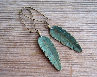 Verdigris Feather Earrings, Antiqued Brass Feather Earrings, Brass Feather Earrings, Boho Earrings, Verdigris Earrings, Blue Bird Feather