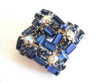 Blue Rhinestone Brooch Sapphire Blue Baguettes Aurora Borealis Vintage