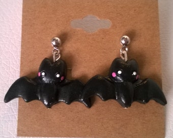 Kawaii Black Bat Post Dangle Earrings Ooak Jewelry