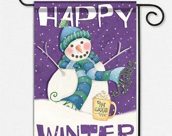 Happy Winter Snowman Garden Flag to welcome guests and celebrate the season.