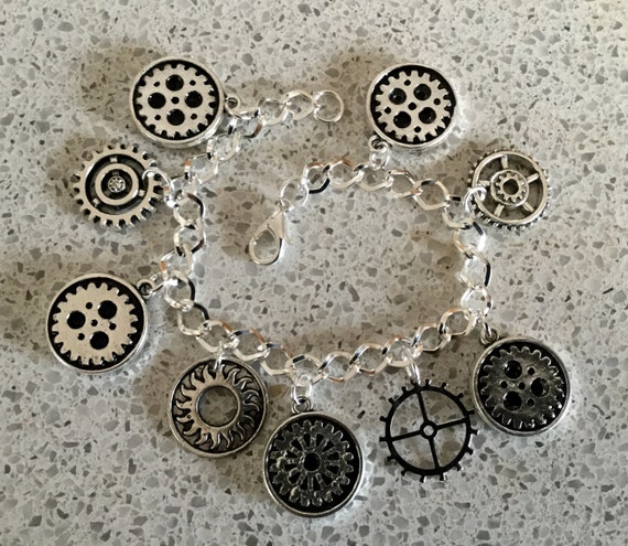 Steampunk Silvertone Gears Charm Bracelet by thecurioddityshop steampunk buy now online