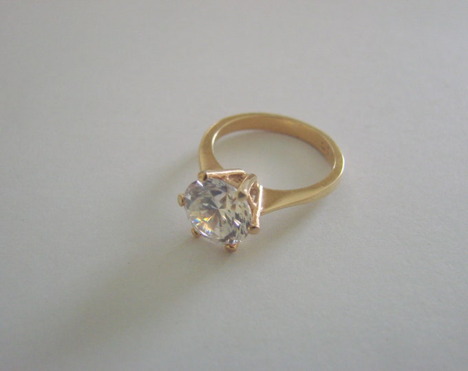 Vintage Sterling Vermeil Cubic Zirconia Ring / Solitaire CZ / Size 4.75 /Jewelry / Jewellery
