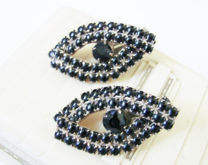 1950s Vintage Black Rhinestone Clip Earrings / Jewelry / Jewellery