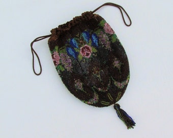 Antique beaded purse, beaded drawstring pouch bag, c.1910's beaded bag made in Germany