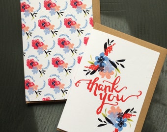 Pack of 6 thank you cards and 6 patterned notelets - Thank you pack - Pretty Floral Notelets