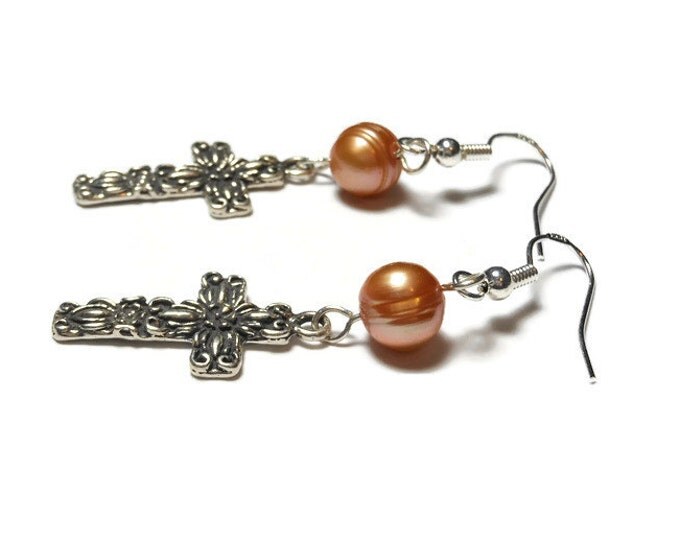 Sterling cross earrings, handmade sterling silver cross and a peach cultured pearl on sterling french hooks, cross pierced dangle earrings.