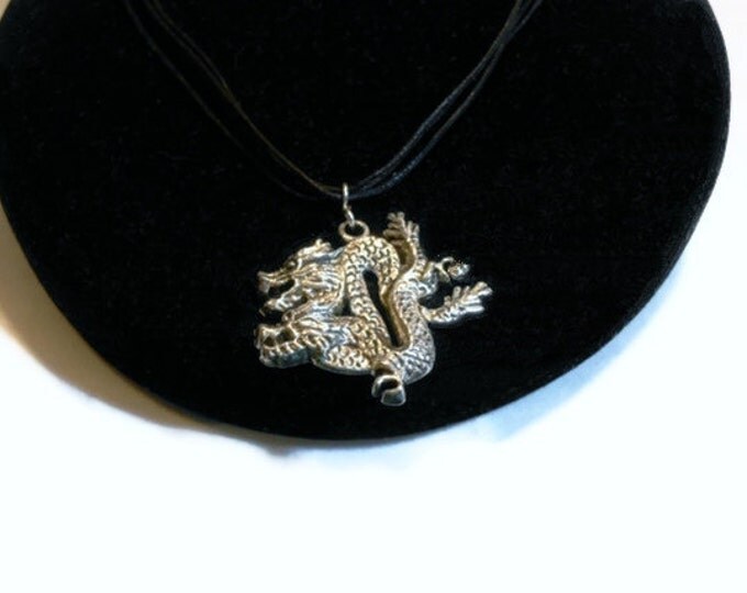 Silver dragon pendant necklace, Tibetan silver handmade unisex black corded, unisex necklace, D & D, fantasy