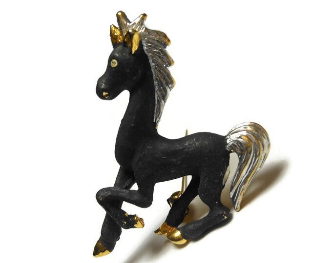 FREE SHIPPING Black horse brooch pin, flat black enamel horse with glossy silver gold hair, glossy gold ears hoofs, rhinestone eye, small