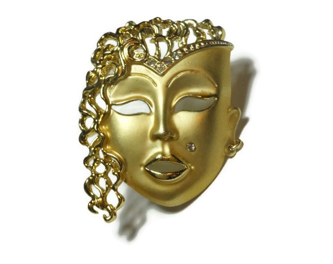 FREE SHIPPING Face mask brooch, gold tone exotic woman wih curly hair, rhinestone beauty mark and headband and hoop earring