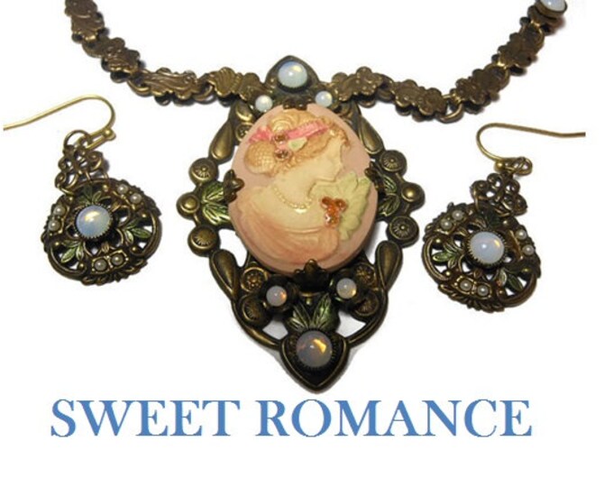 FREE SHIPPING Sweet Romance cameo necklace and earrings, beautiful carved Gibson girl pink, bronze chain and earrings, opaline glass beads