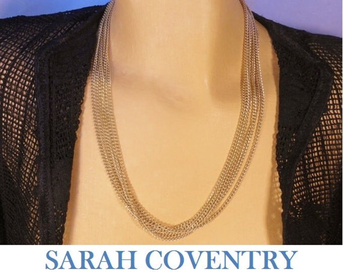 FREE SHIPPING Sarah Coventry necklace, classic 7 strand gold tone chain necklace