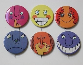 Vintage PINBACK BUTTONS - "Silly Expressions" - 1960s Novelties - 6 Total