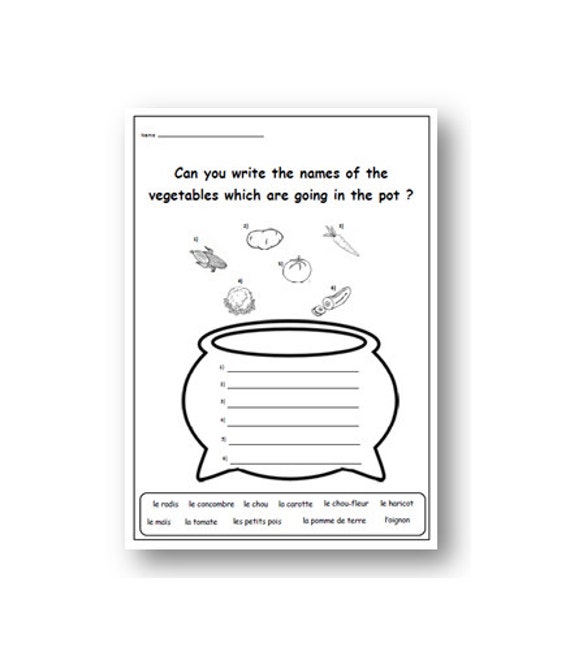 Items similar to Activity FRENCH WORKSHEET to learn names of VEGETABLES