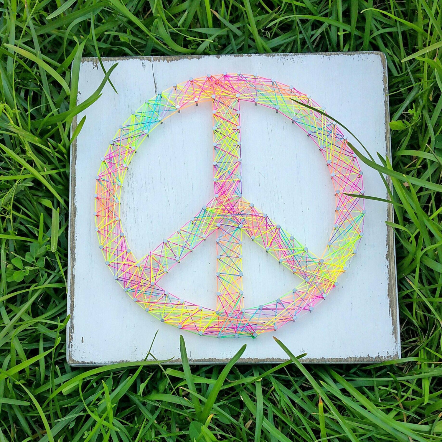 Neon Rainbow Peace Sign String and Nail Art Wooden Sign Hippy