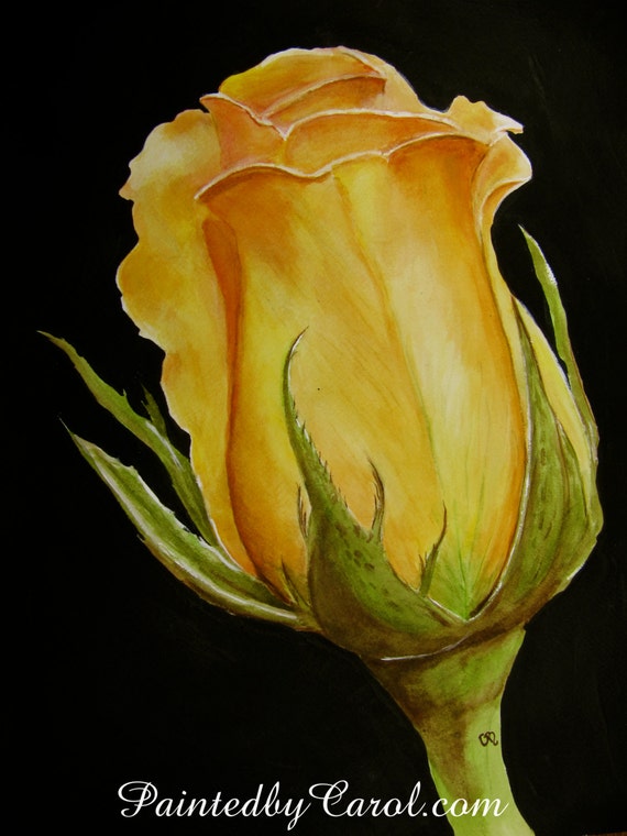 Rose Painting Yellow Rosebud Original Watercolor Flower