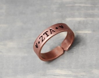 Zeta Tau Alpha Ring, Thin Copper Ring, Hand Stamped Ring, Zeta Tau Alpha Jewelry, Sorority Jewelry, Sorority Ring, Copper Jewelry