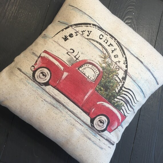 Christmas Pillow, vintage style red truck, postal, rustic , farmhouse, 12 x 12 inches