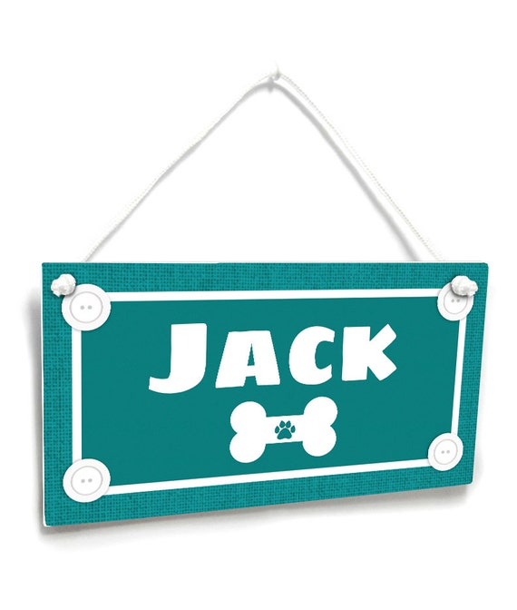 Personalized Dog House Plaque Teal Burlap with a White Dog