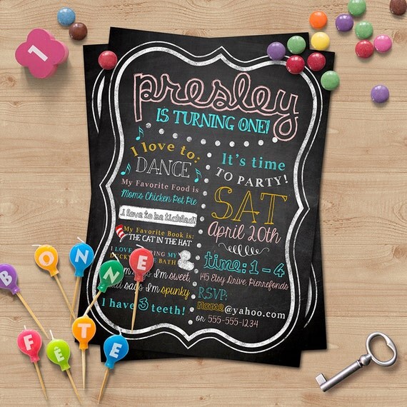 First Birthday Invitation - Milestone - My Favorite Things - Blackboard, Chalkboard - Custom, Digital, Printable Designs Il_570xn