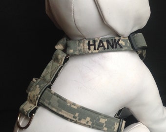 Military dog harness embroidered w/dogs name - Available In Army, Air Force, Navy And Marines - Size XS, S, M, L and XL