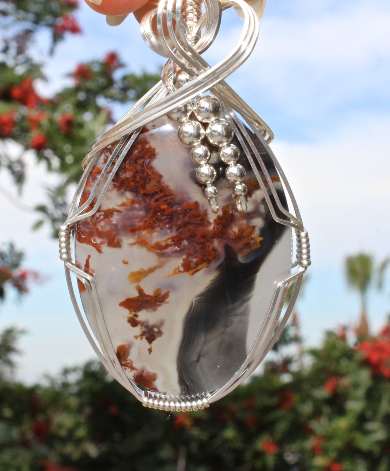 Red Moss Plume Agate Stone Pendant Sterling Silver Wire