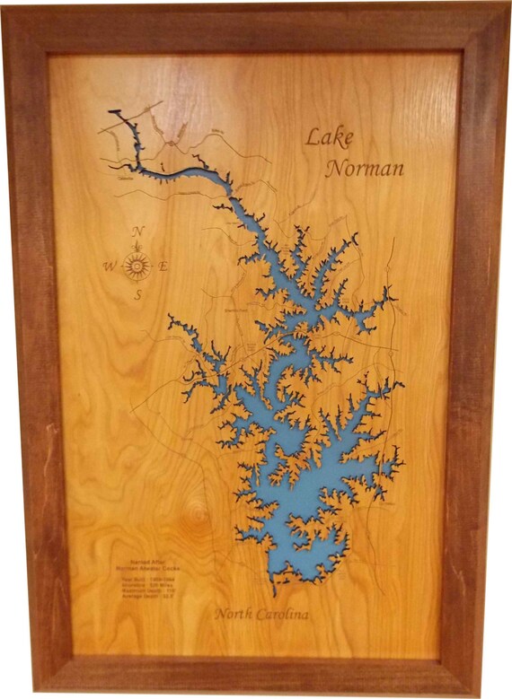 Wood Laser Cut Map of Lake Norman NC Topographical Engraved