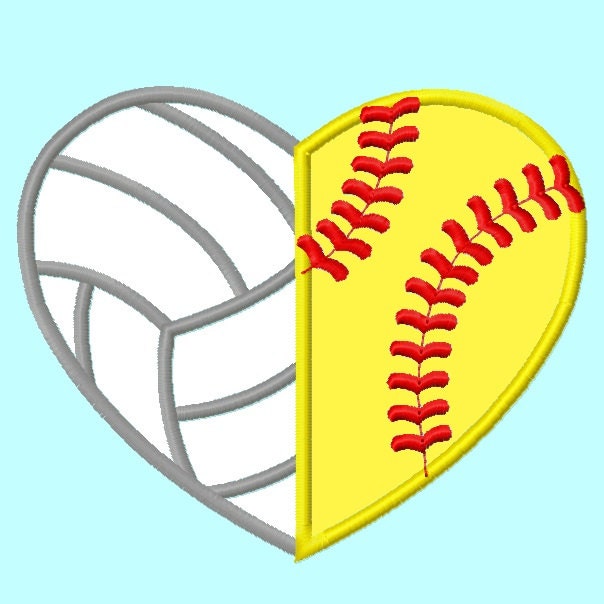 Volleyball and Softball Heart shape Applique Embroidery Design