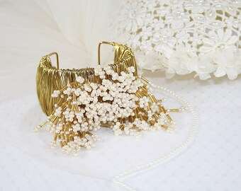 Statement Bracelet Gold Finished Faux Pearl Cuff Bracelet Vintage Faux Pearls Wedding Bracelet One of a Kind