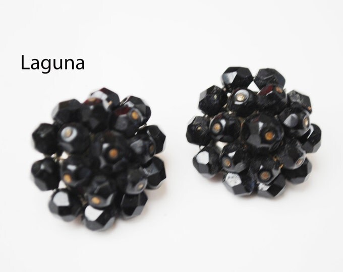 Laguna Earrings Black Glass Bead Cluster Clip on Earrings