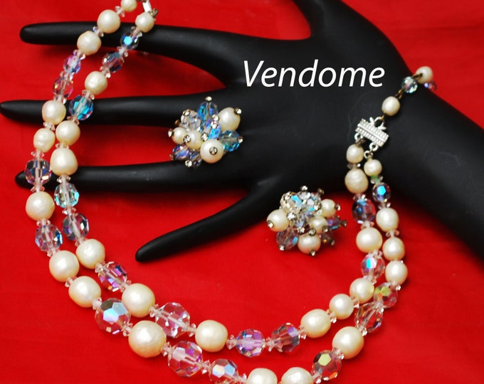 Vendome Necklace and Earring set with Baroque Pearl and Crystal Beads - wedding bride - double strand bead cluster clip on earrings