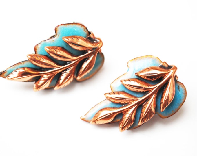 Copper Leaf Earrings - Blue Enamel and Copper Leaf - Signed Matisse -Mid Century - Laurel Leaf