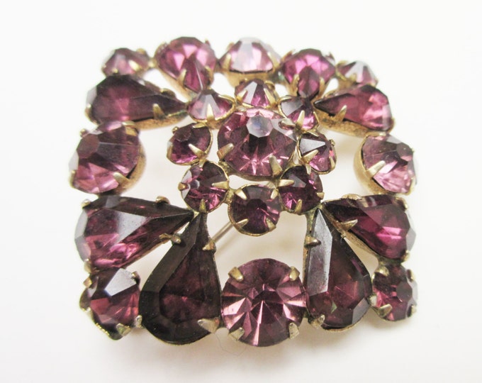 Purple Rhinestone Brooch - diamond shape - slightly domed - Mid Century Pin