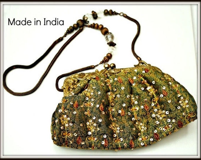 Olive Green Viscose India Beaded Brass Clutch purse Bag with mirror